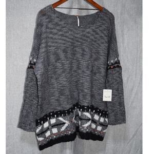 NWT Free People Gray Knit Sweater Tribal Hem Pattern Size M